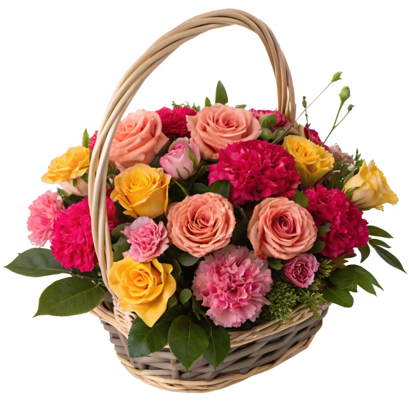 basket of colorful roses and carnations